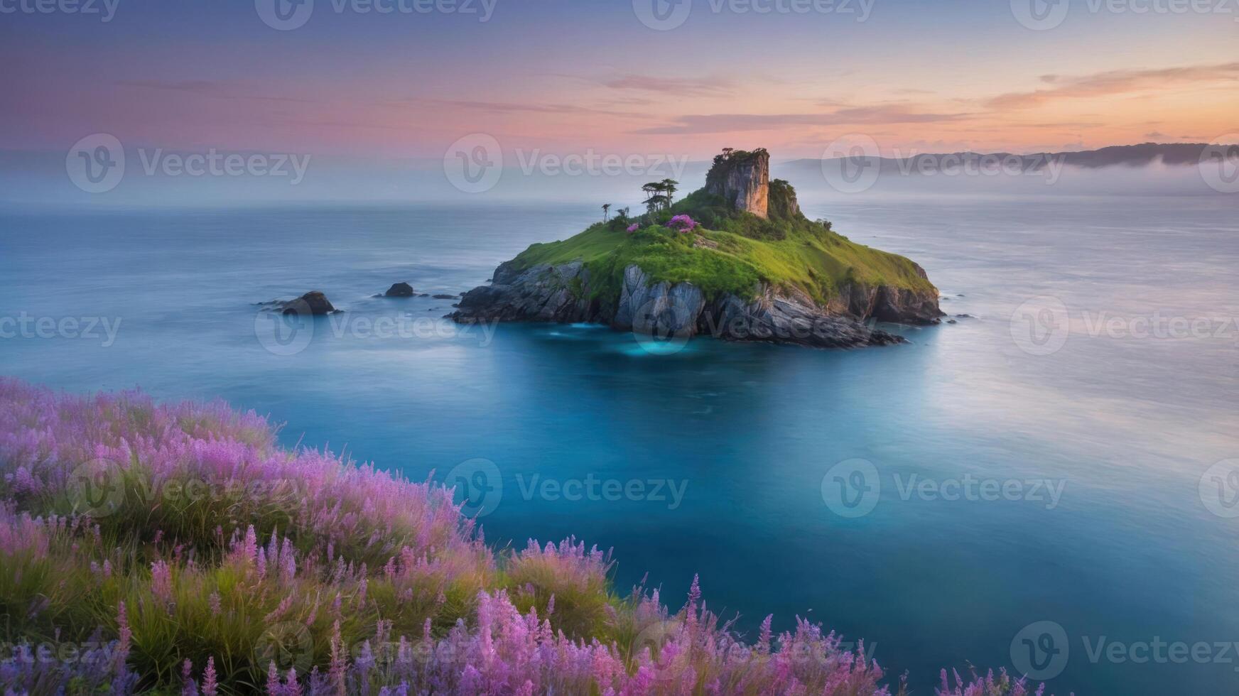 Island View with Lavender Flowers in Bloom at Ocean Shoreline photo