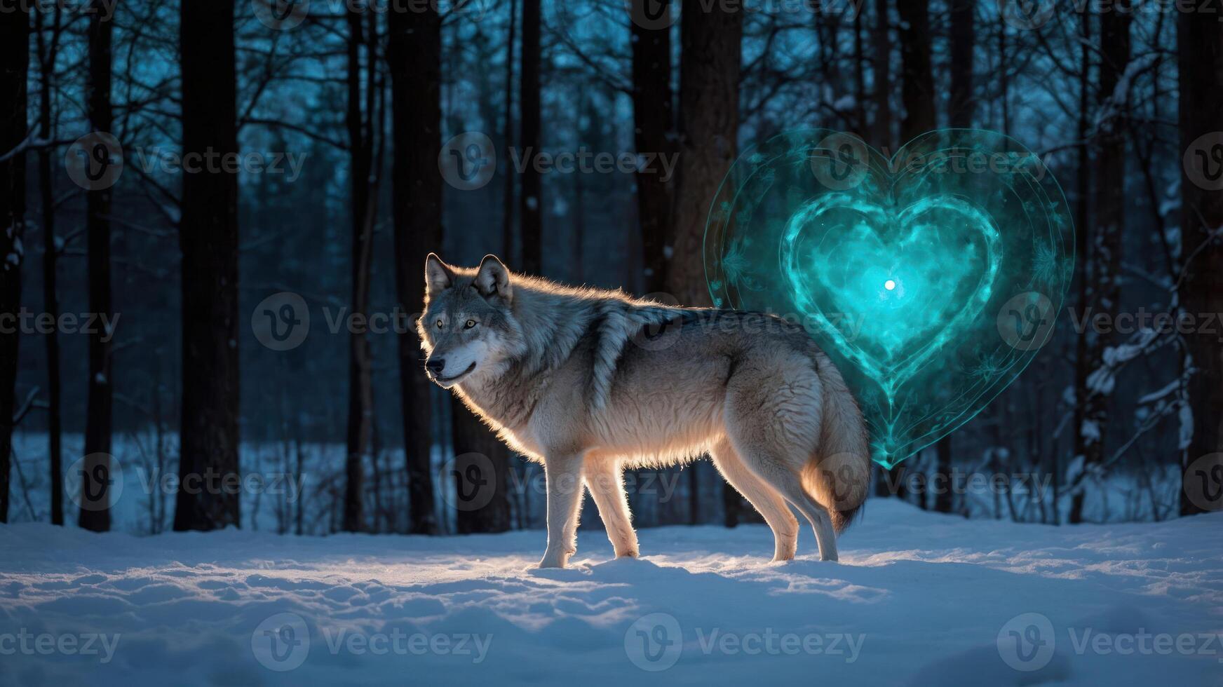 Wolf Standing in Snowy Woods with Glowing Heart Shape Behind photo