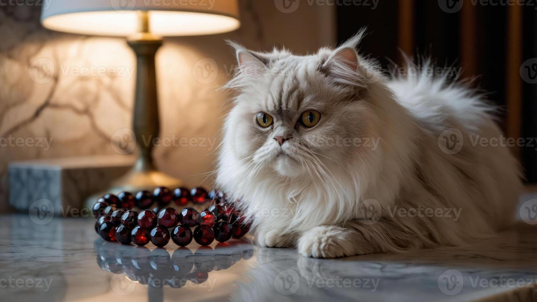 Relaxing Persian Cat Lying Next to a Bead Necklace Indoors photo