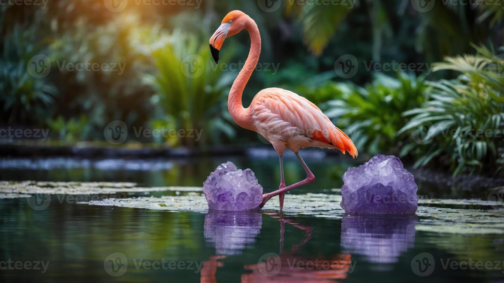 Flamingo Standing in Water by Crystals with Lush Greenery photo