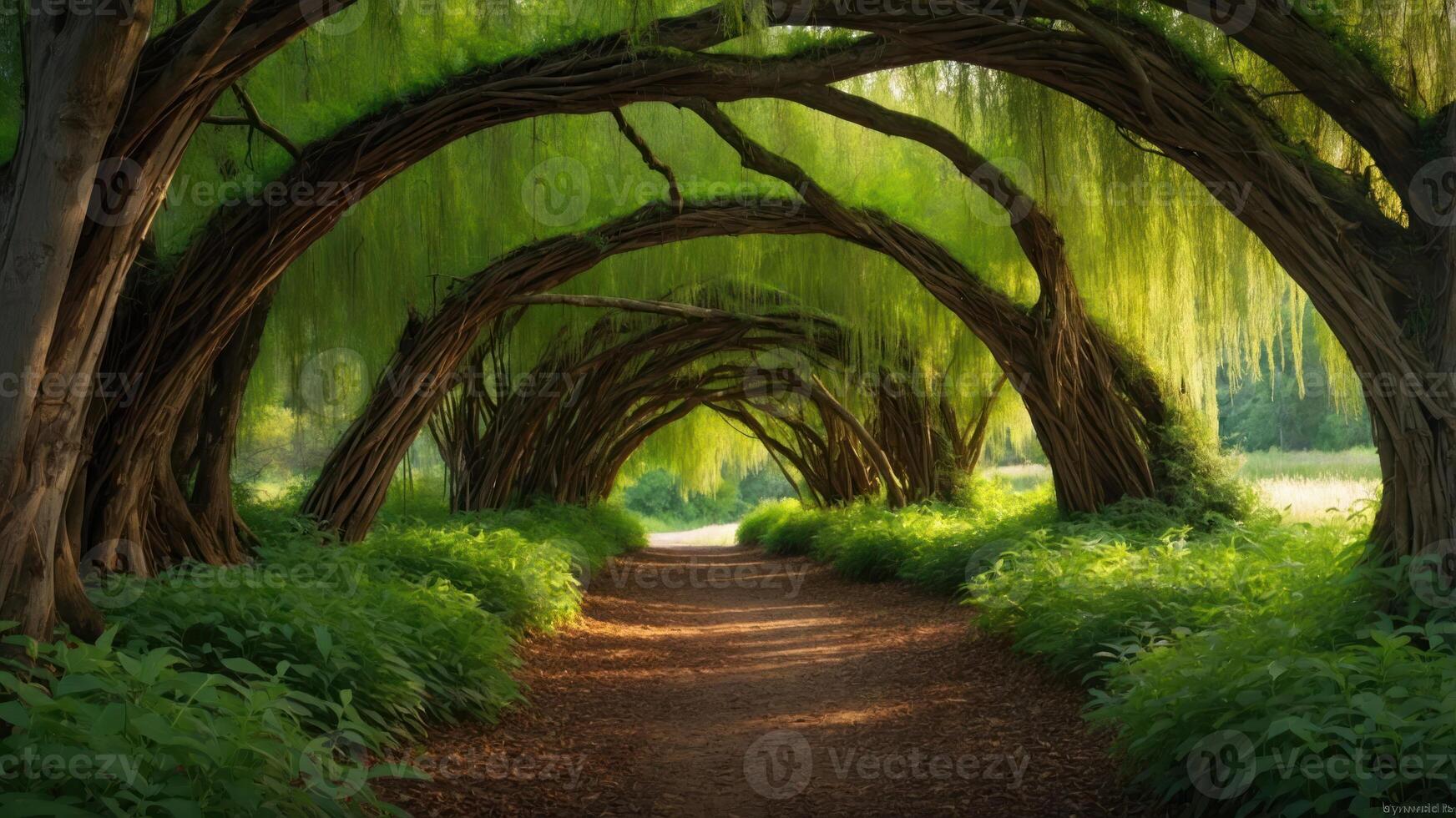 Walking Path Through Green Willow Tree Tunnel Creates Serene Ambiance photo