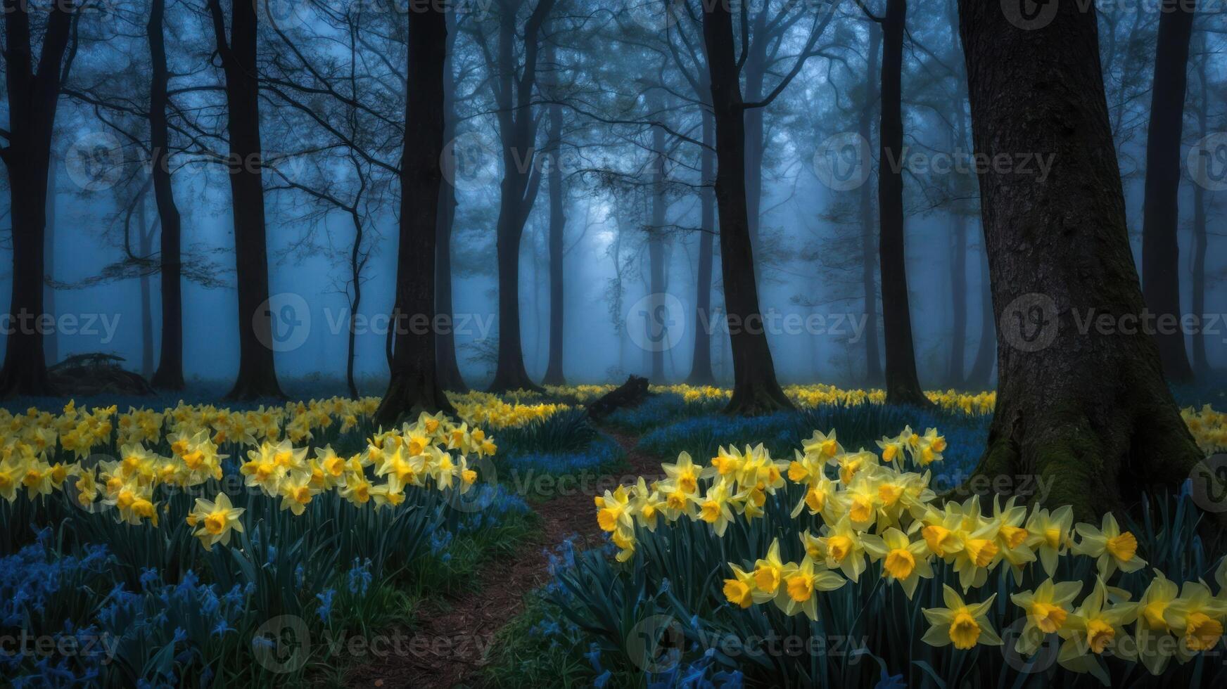 Walking Path Through Forest of Yellow Daffodils and Blue Flowers photo