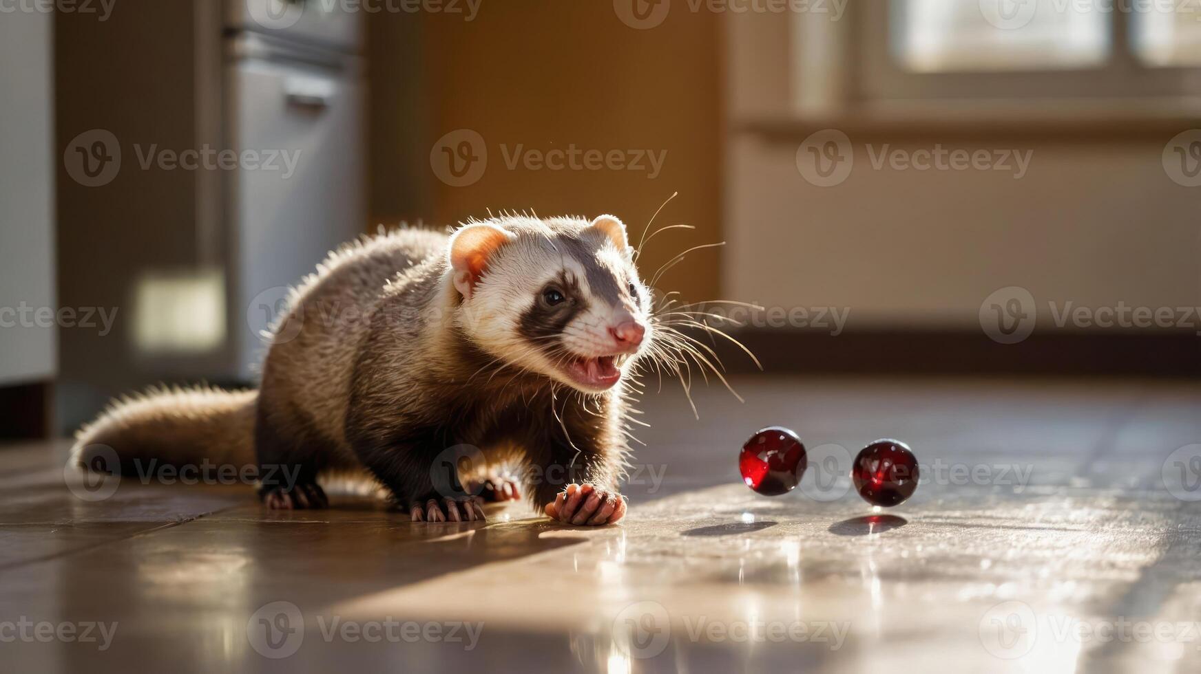Playful Ferret Interacting with Red Glass Balls on Wooden Floor photo