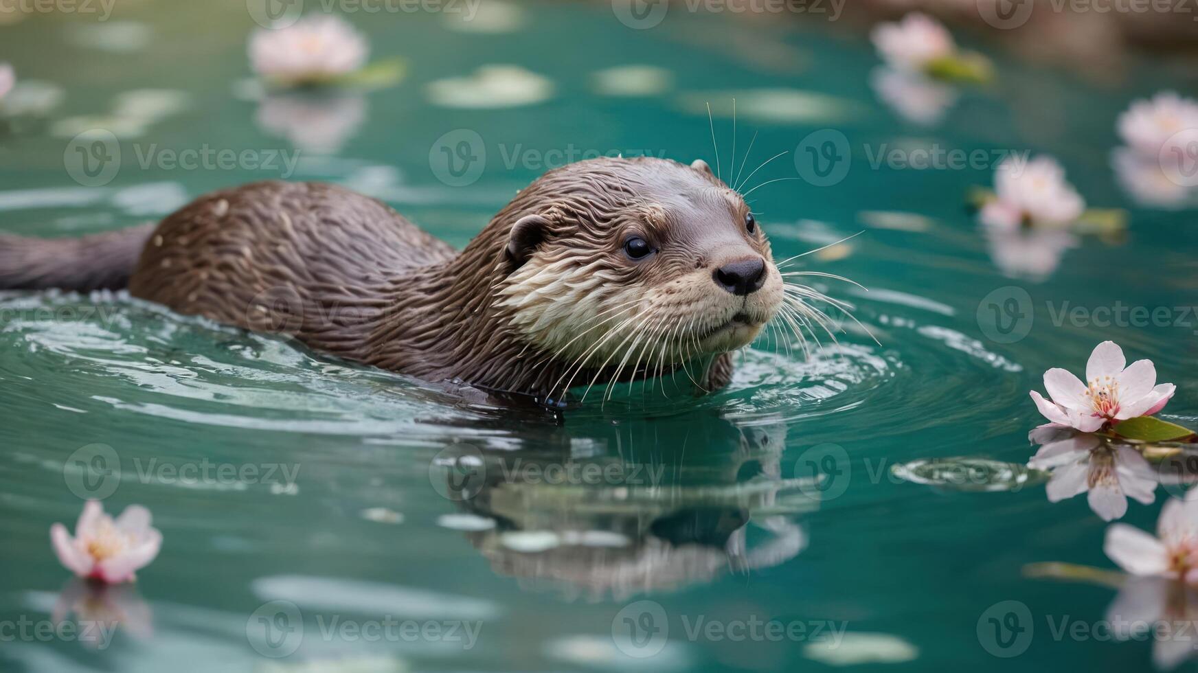 Otter Swimming in Pond with Flowers Creating Calm Wildlife Scene photo