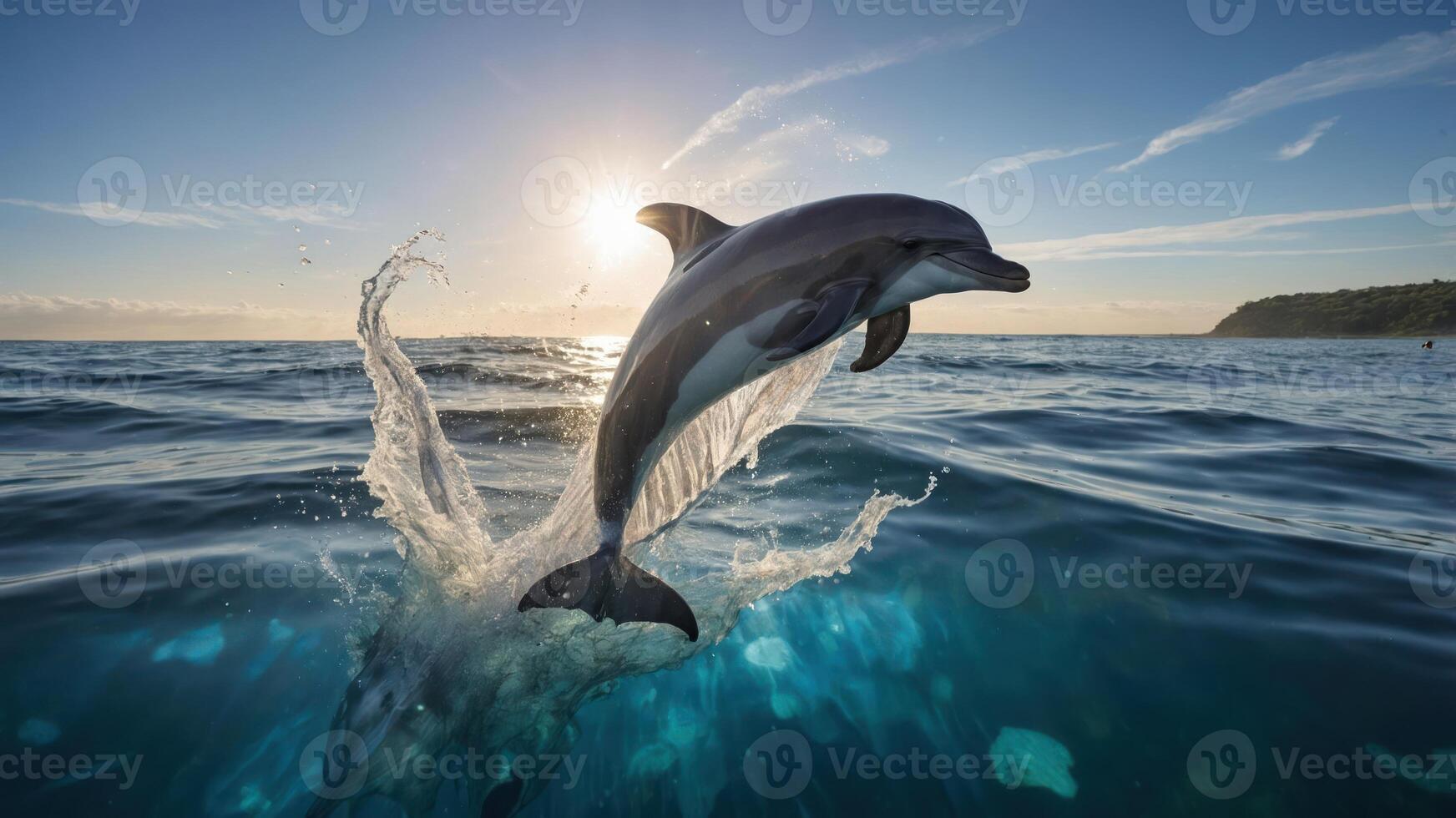 Dolphin Jumping From Ocean Water at Sunrise Creating Splashing Effect photo