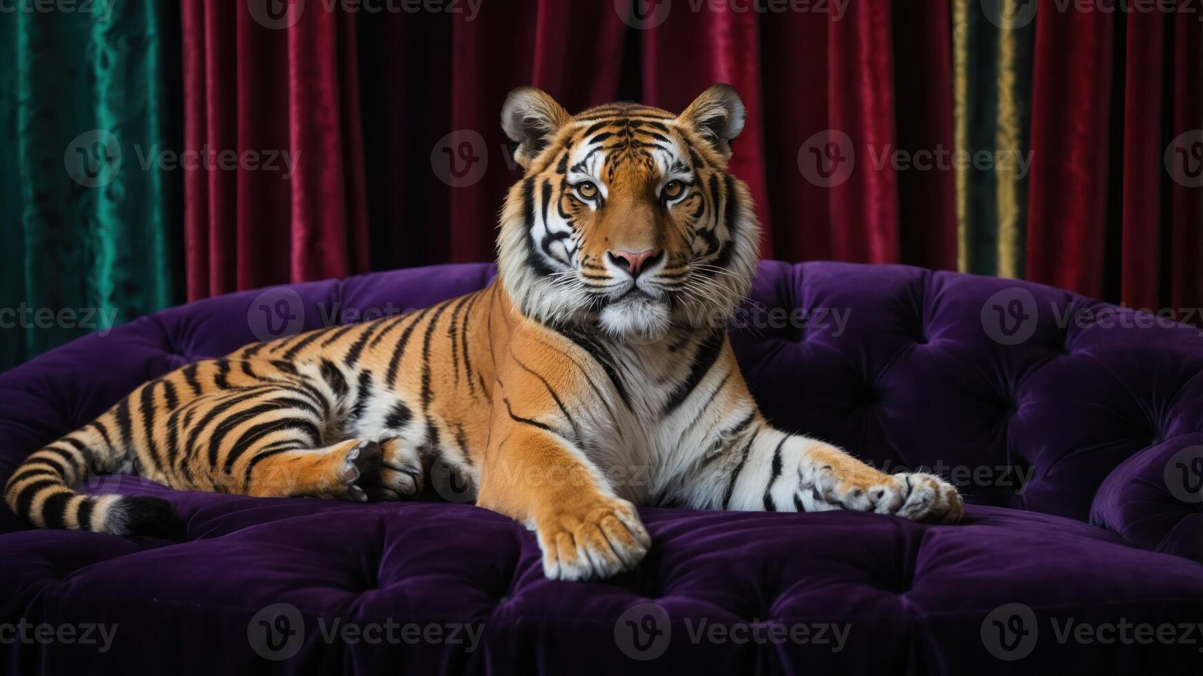 Tiger Resting Calmly on a Purple Velvet Couch with Drapes photo