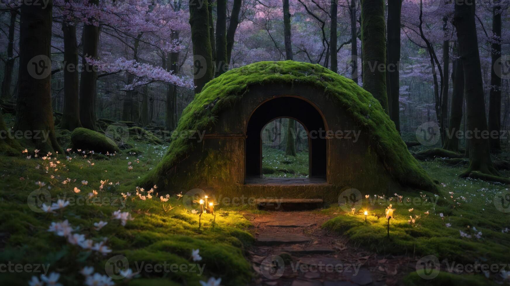 Magical Moss Covered Archway Entrance in a Lush Forest Glade photo
