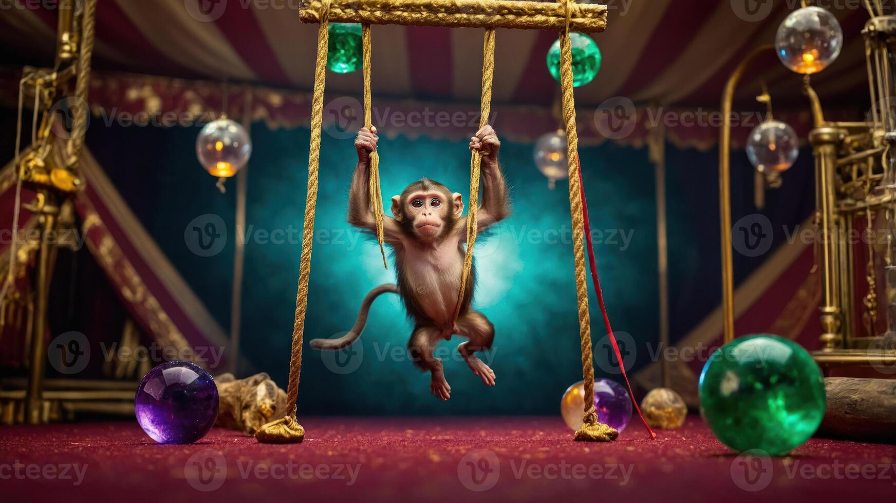Monkey Swinging on Trapeze Under Tent with Decorative Glass Balls photo