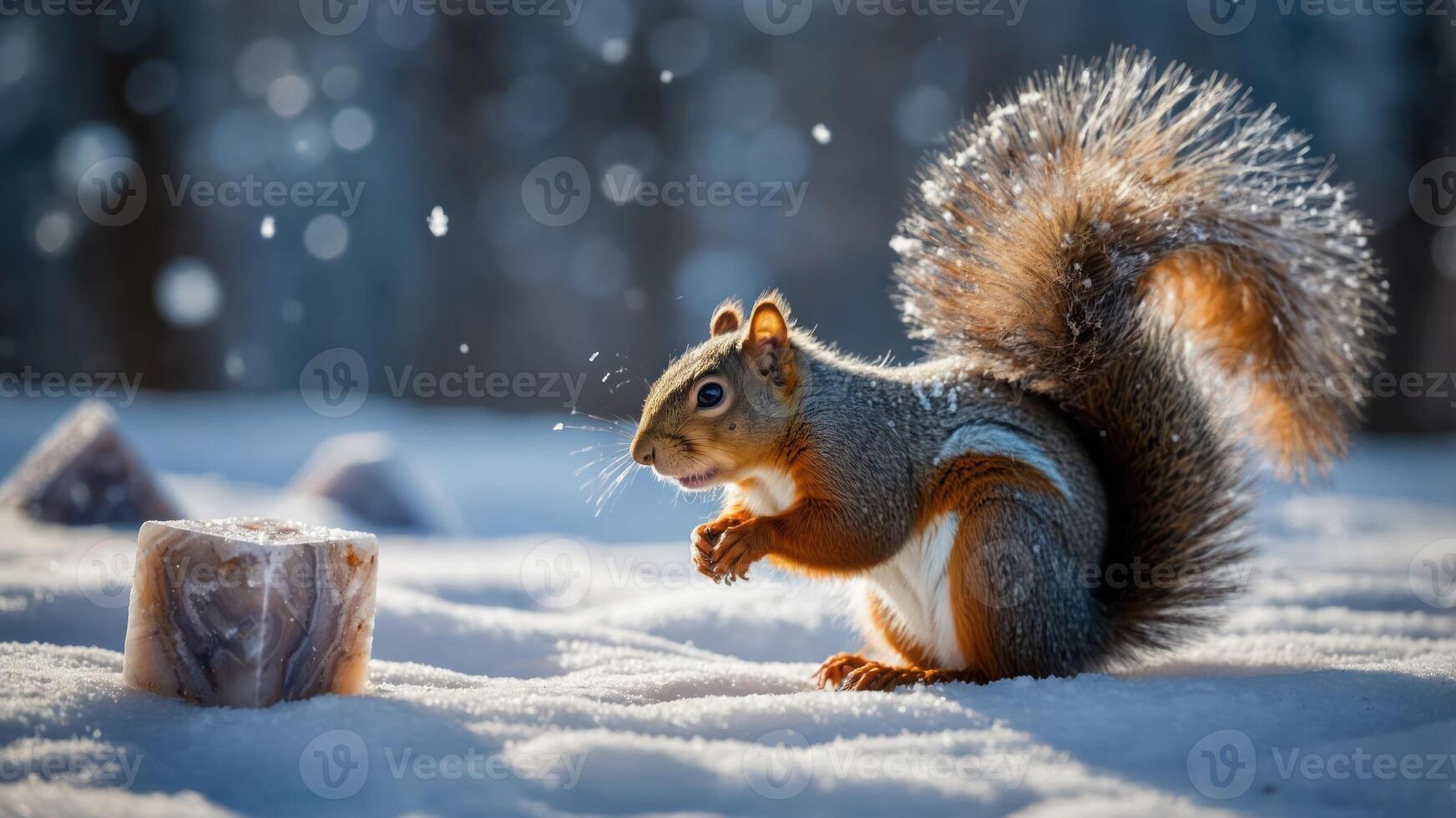 Squirrel Eating in the Snow During Winter Wildlife Nature Scene photo