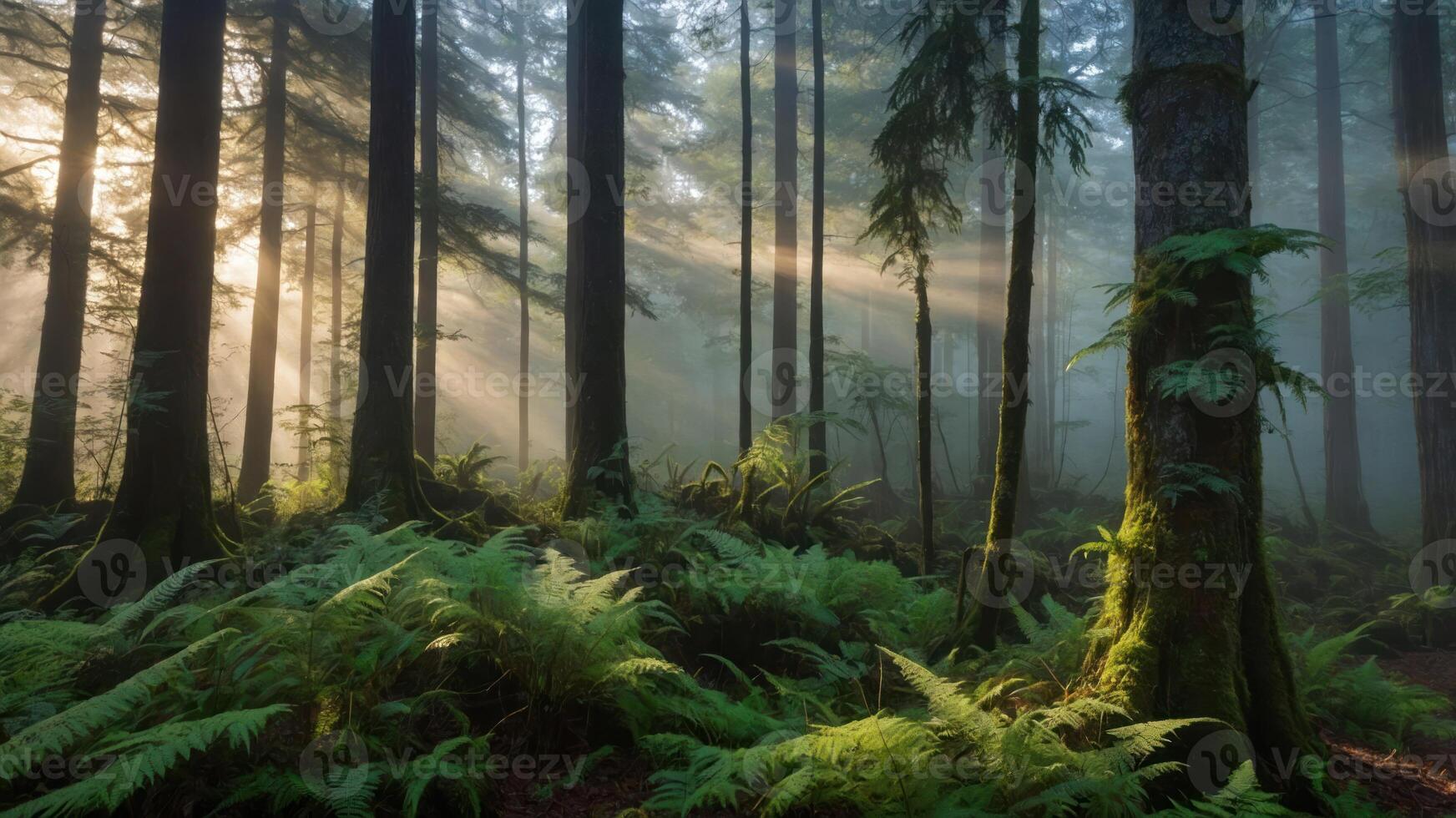 Sun Rays Through Forest Trees with Ferns in a Foggy Landscape photo