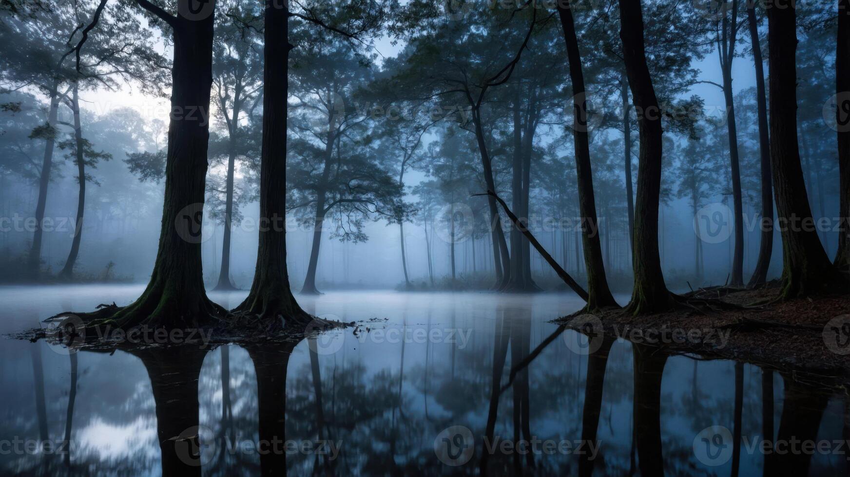 Foggy Lake Reflecting Trees in a Calm Woodland Setting photo