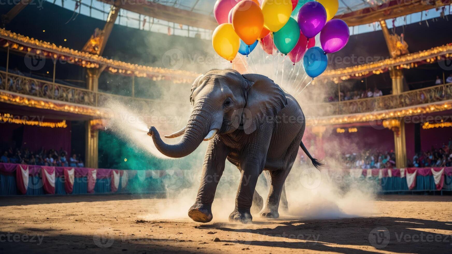 Elephant Performs with Balloons in Dusty Circus Arena Spraying Water photo