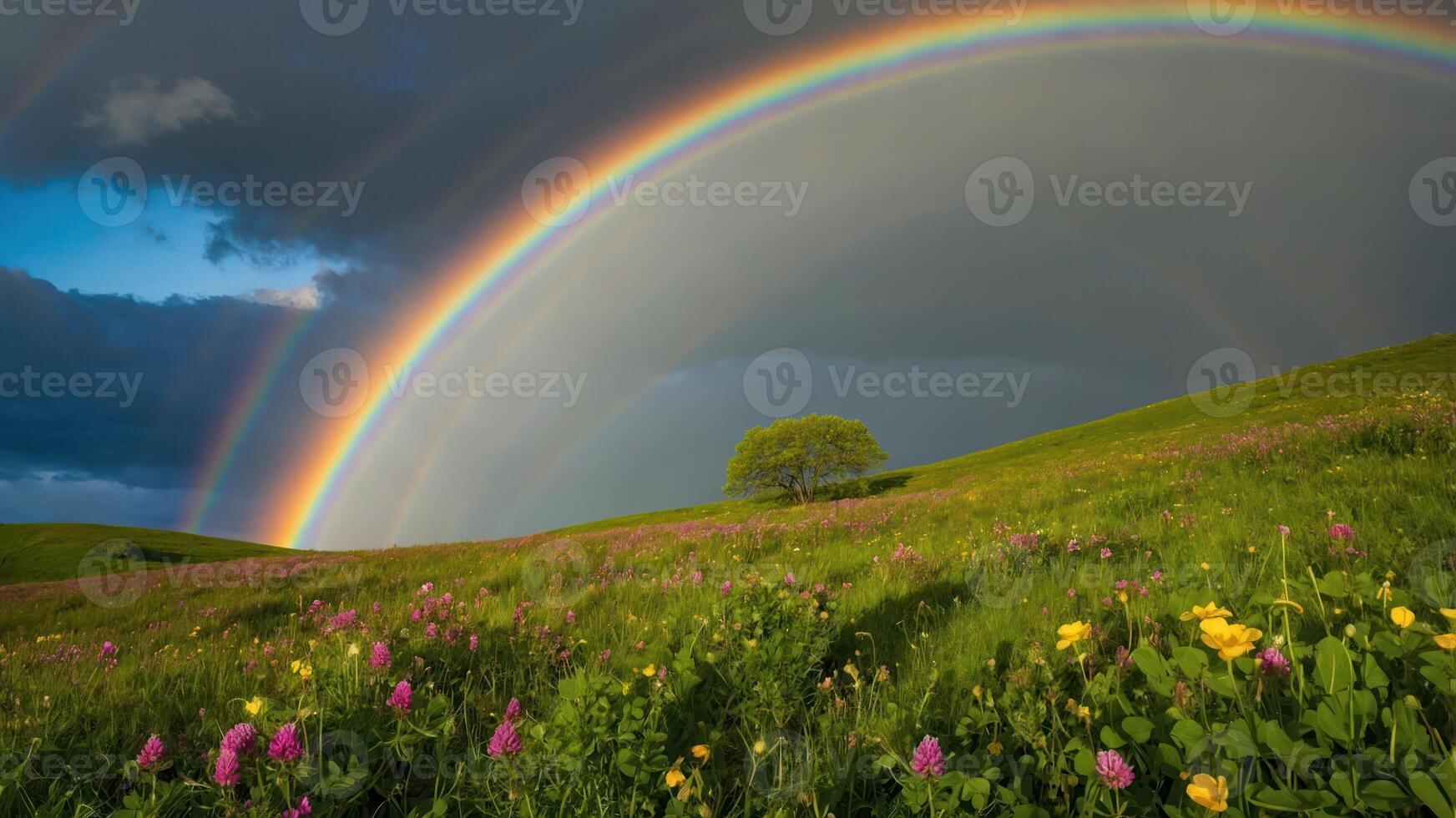 Double Rainbow Shines Over Green Field with Flowers and Tree photo