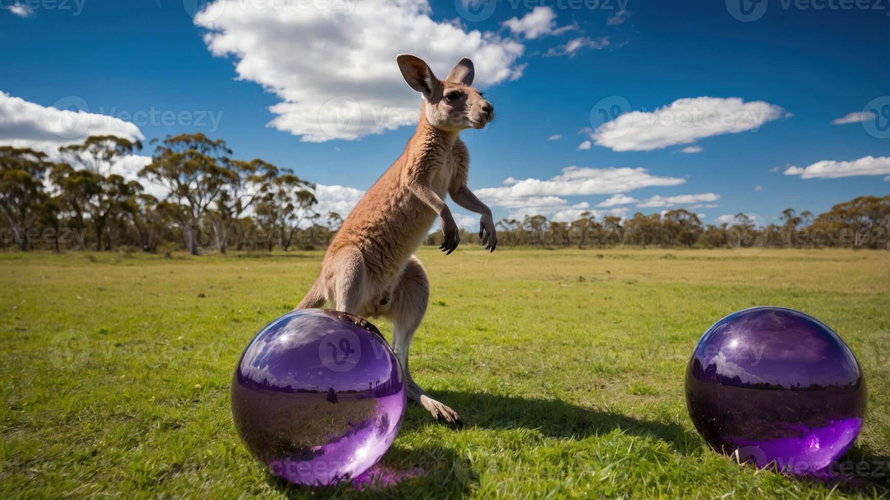 Kangaroo Standing Near Purple Spheres in Open Field Under Blue Sky photo