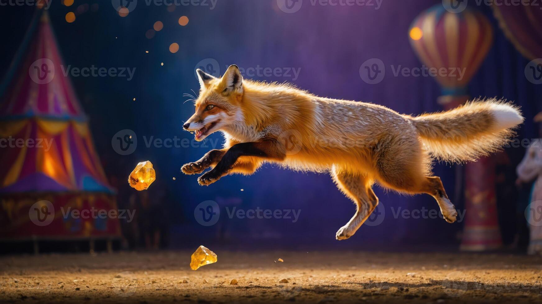 Fox Jumping for Treats in Colorful Circus Tent Backdrop Setting photo