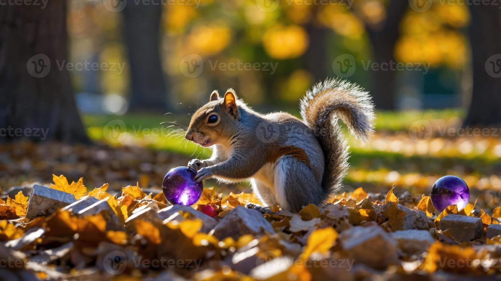 Squirrel Holding Ball in Autumn Leaves with Backlit Park Setting photo