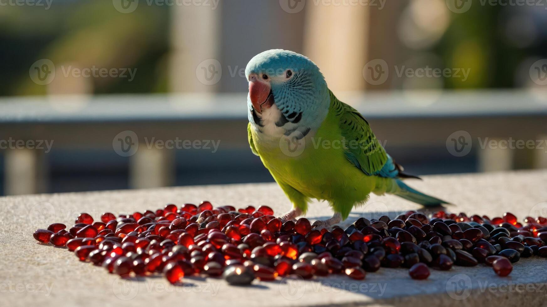 Parrot with Red Glass Beads Standing on a Stone Ledge photo