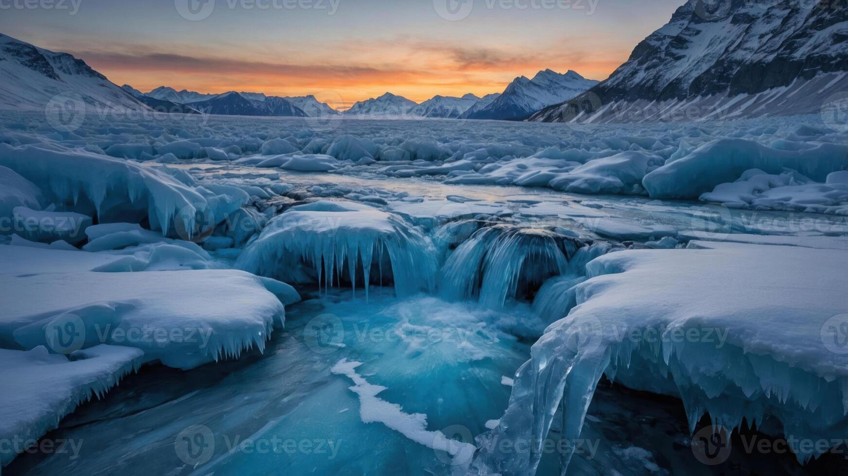 Frozen Waterfall Landscape in Winter with Snowy Mountains and Sunset Sky photo