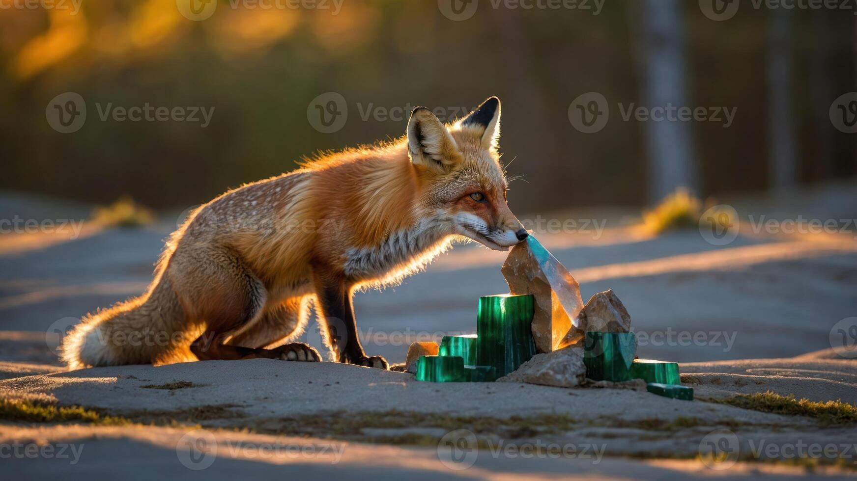 Red Fox Examining Green Crystals in Natural Sunlight on Sand photo