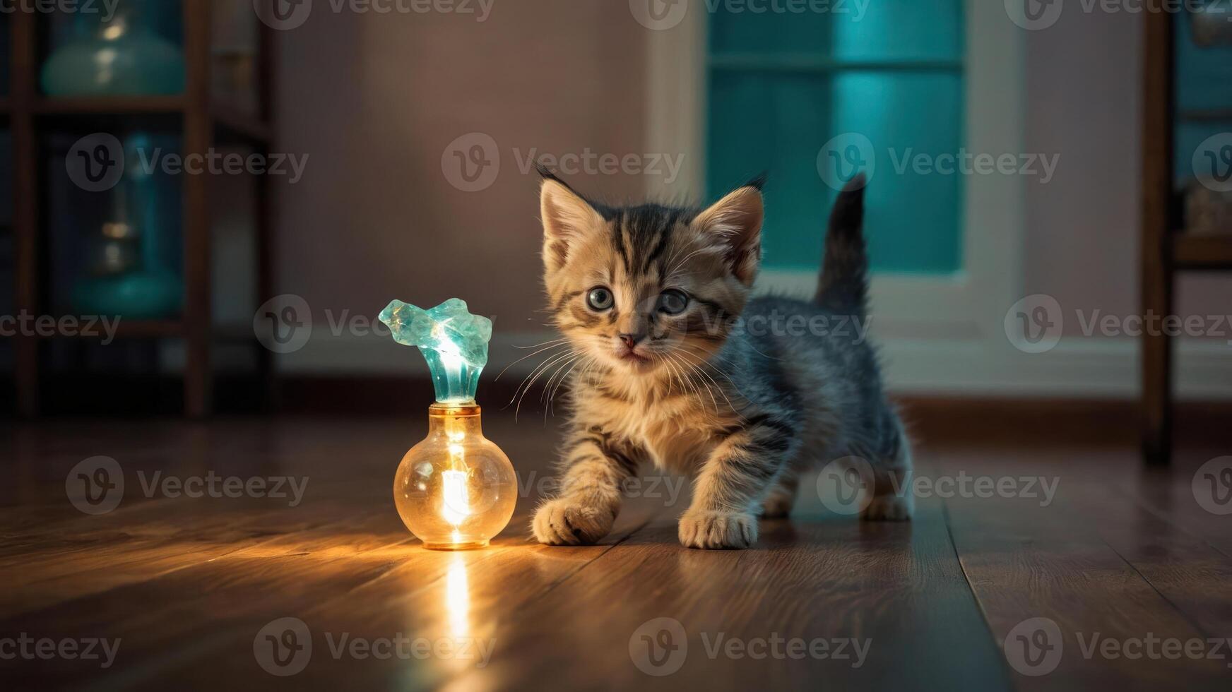Playful Kitten Investigating Glowing Object on Hardwood Floor Indoors photo
