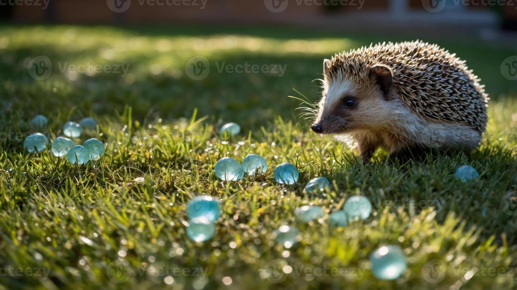Hedgehog Walking on Grass with Decorative Glass Spheres in Sunlight photo
