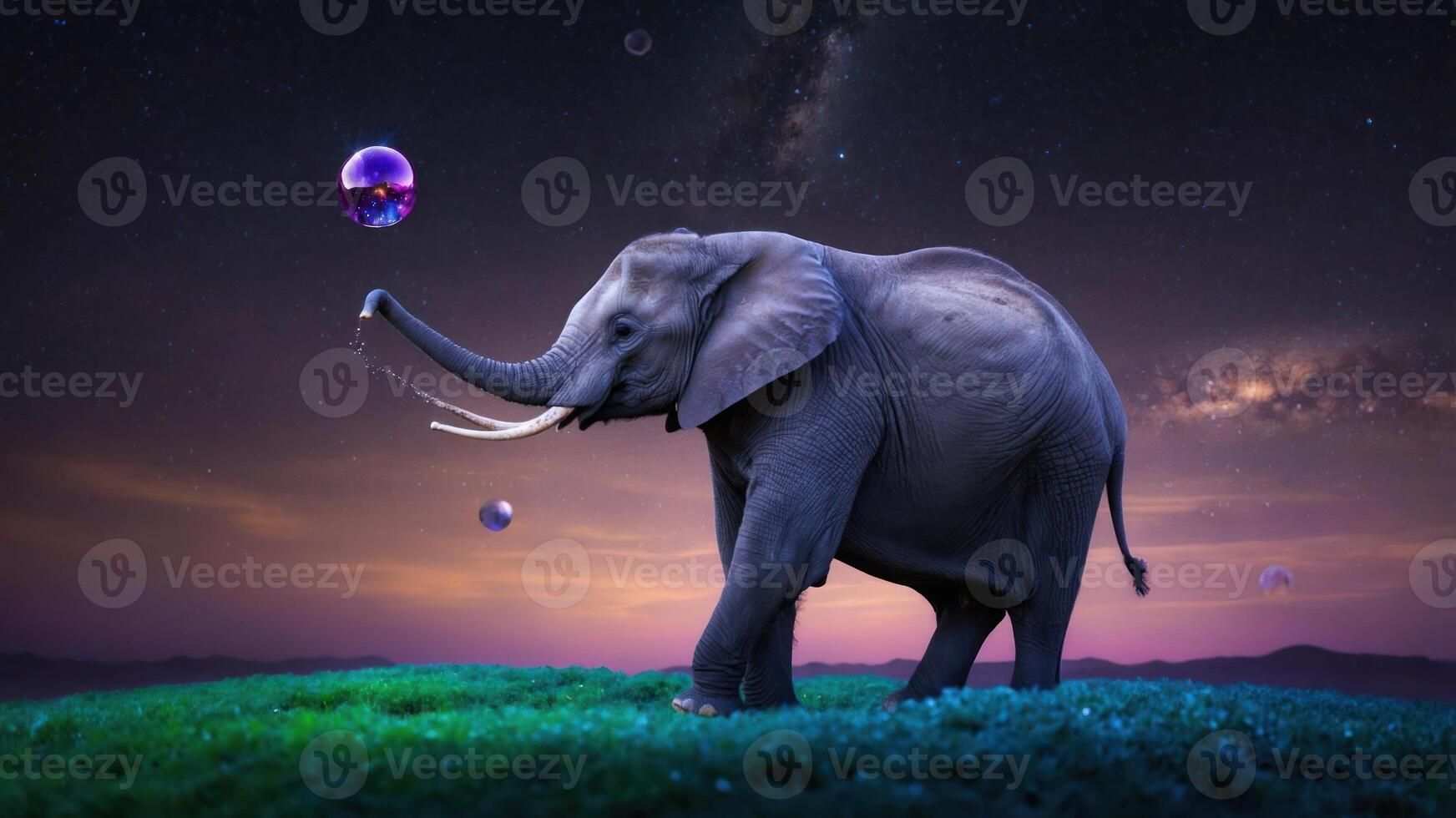 Elephant Walking on Green Hill at Night with Bubbles Floating photo