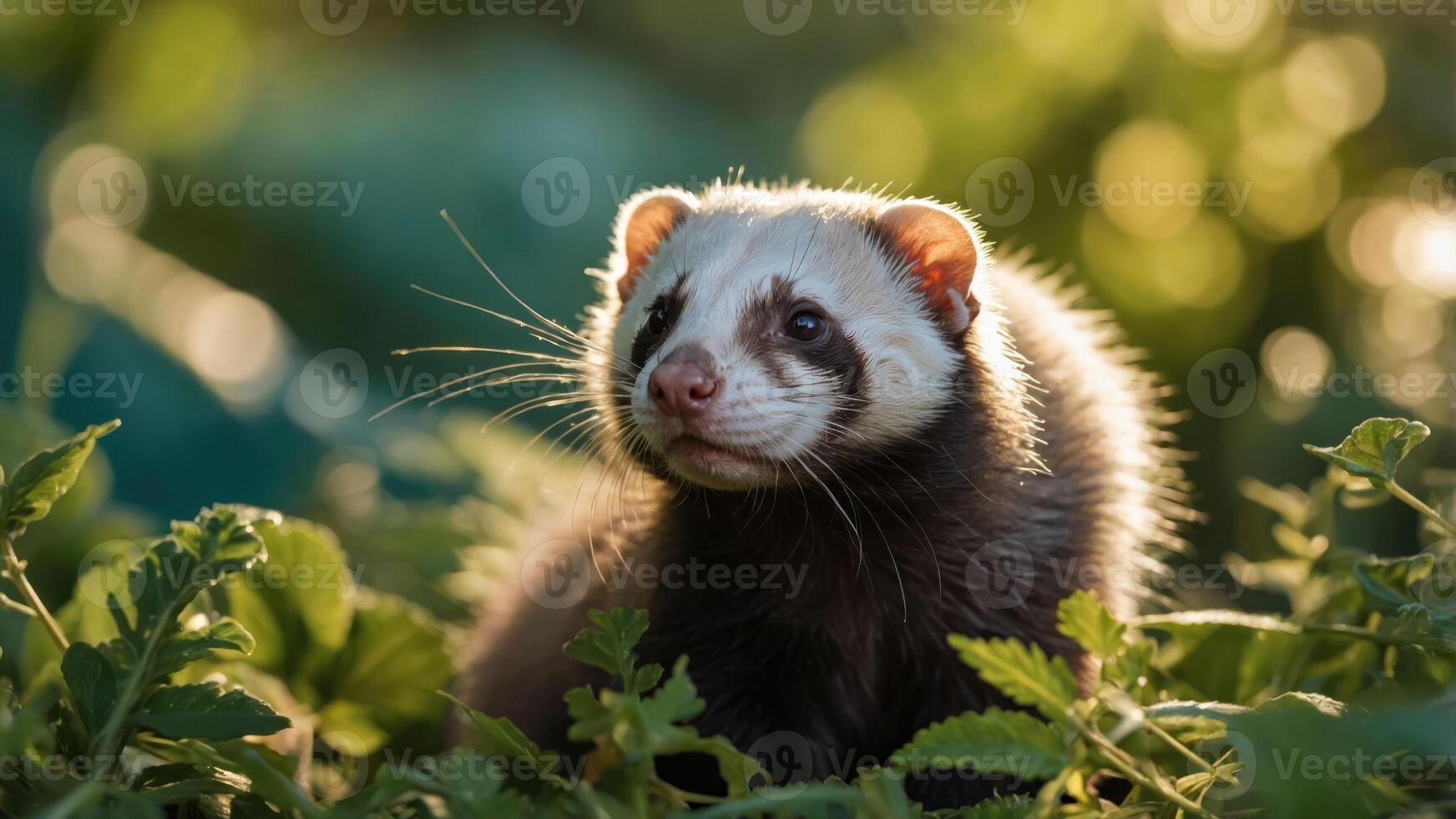 Curious Ferret Looking Up Outdoors Among Green Plants in Sunlight photo