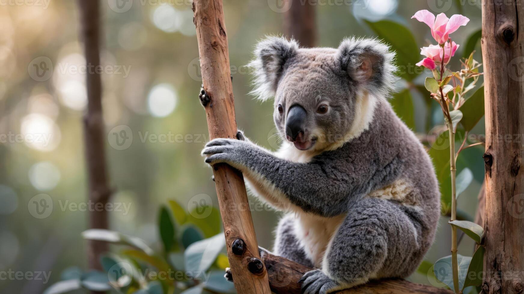 Koala Sitting in Tree Grasping Branch Under Soft Natural Light photo