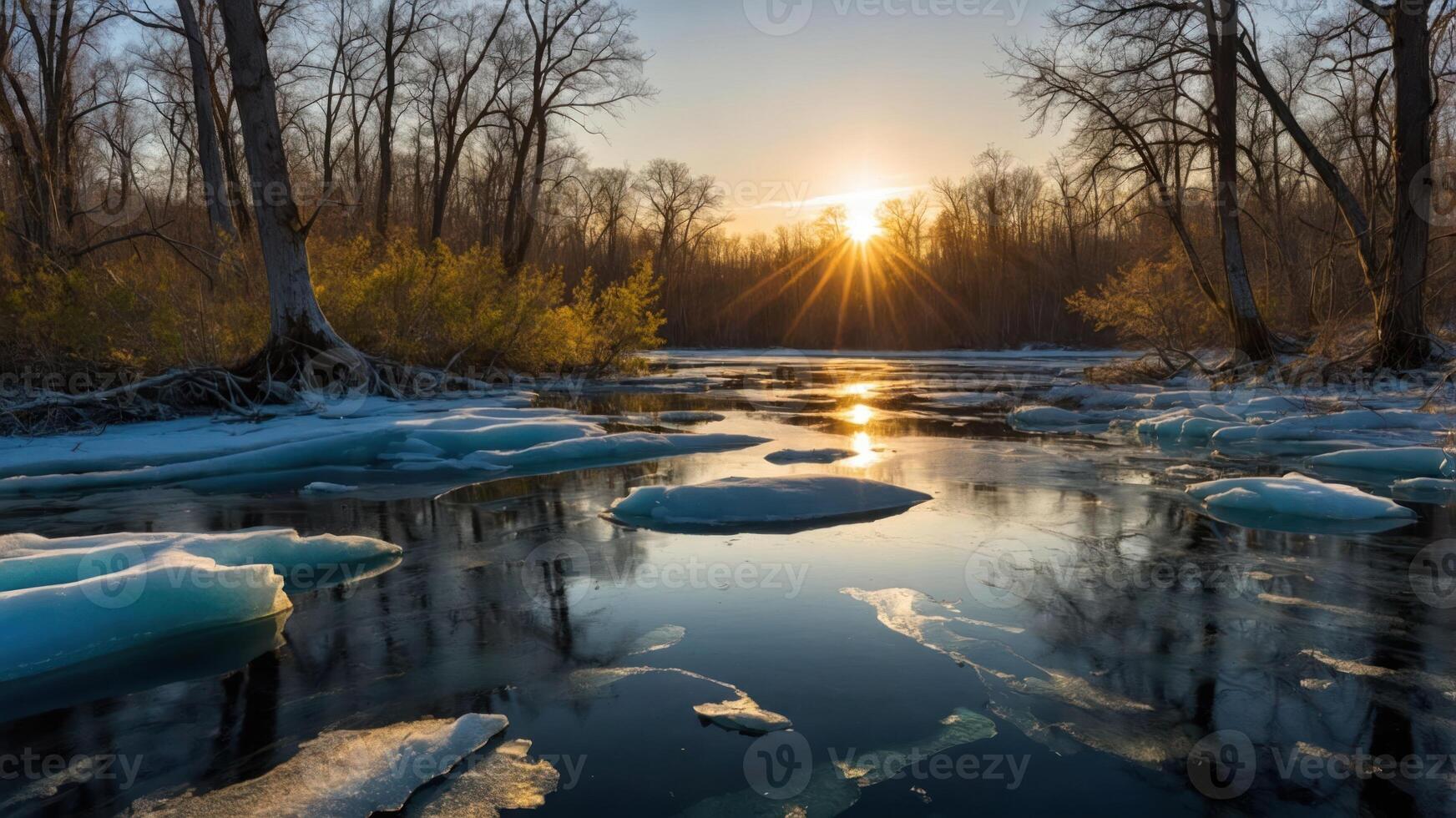 Winter River with Melting Ice and Sun Rays Through Bare Trees photo