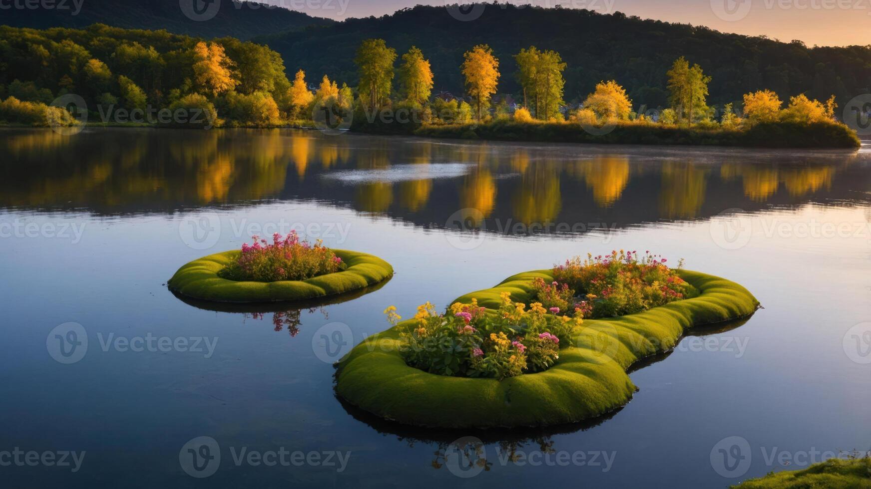 Floating Islands with Flowers in a Serene Lake Landscape photo