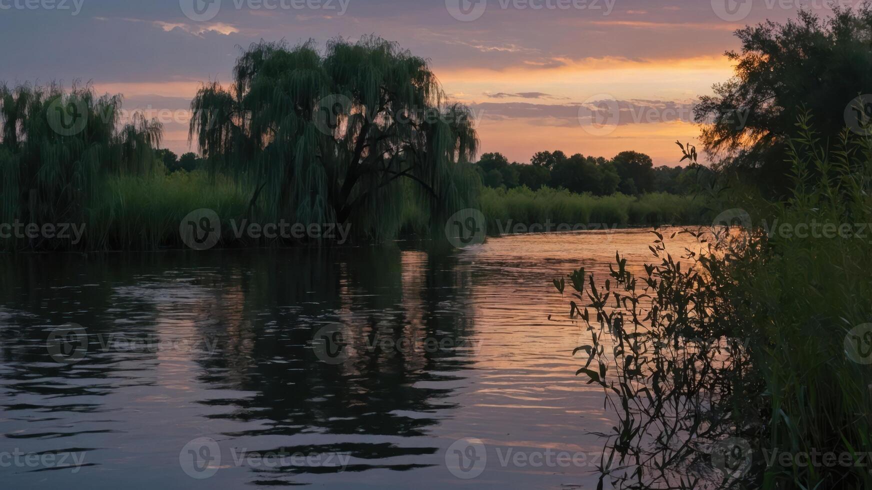 Calm River Reflecting Sunset Sky with Willow Trees and Reeds photo