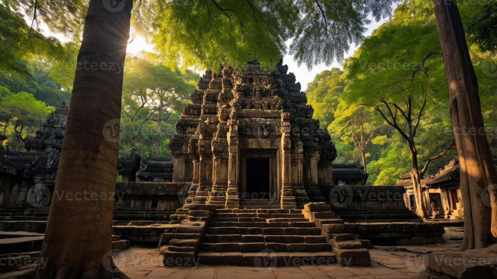 Ancient Stone Temple in Forest at Sunrise with Sunlight Streaming Through photo