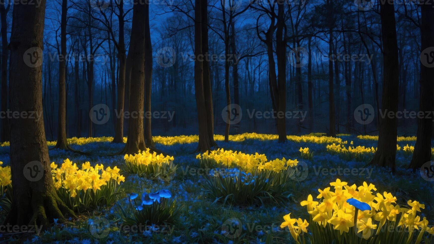 Yellow Daffodils Blooming in Forest at Dusk Creating Dreamy Scene photo