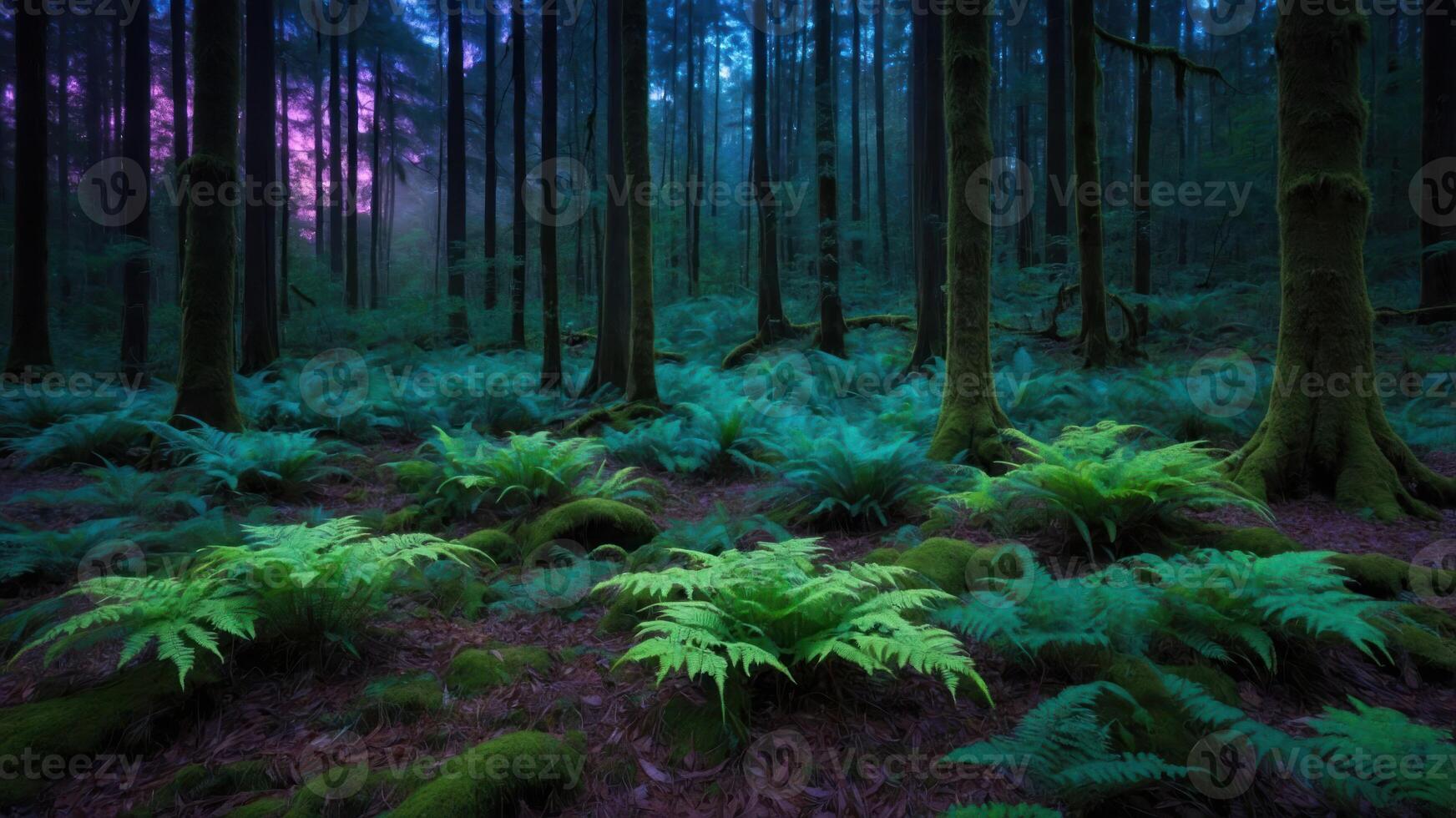 Walking Through Forest with Ferns and Moss Covered Trees Scenery photo