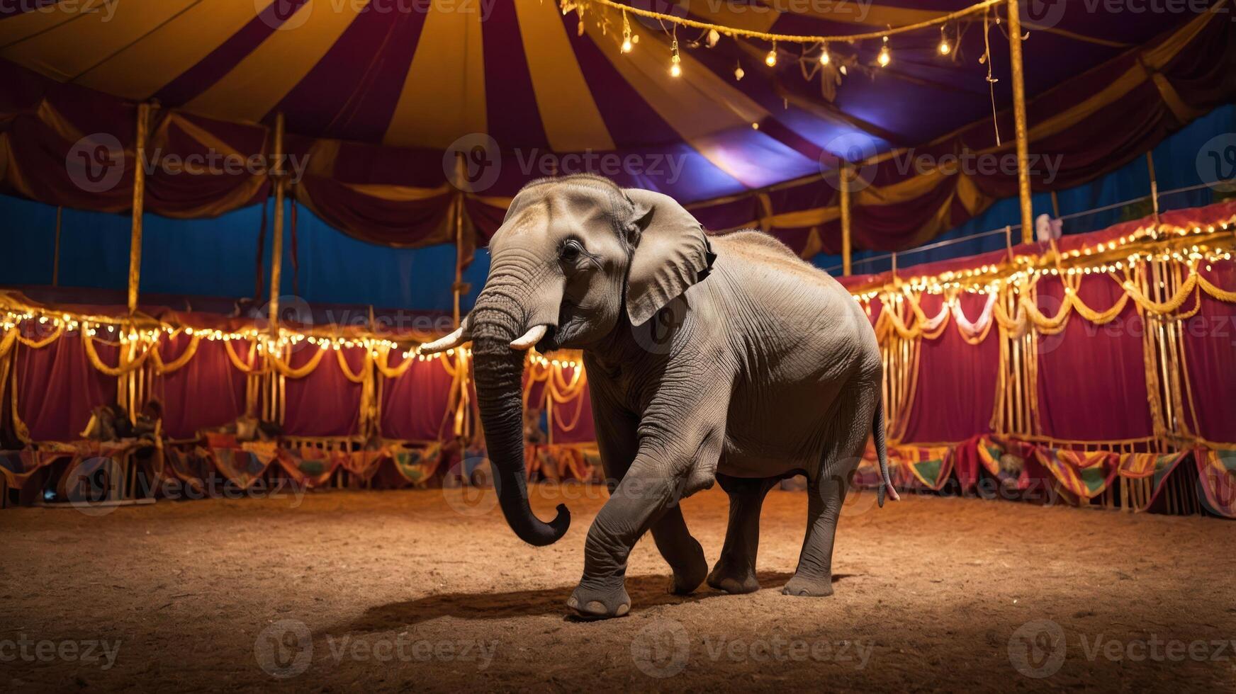 Elephant Walking Inside Tent with Festive Decoration and Dramatic Lighting photo