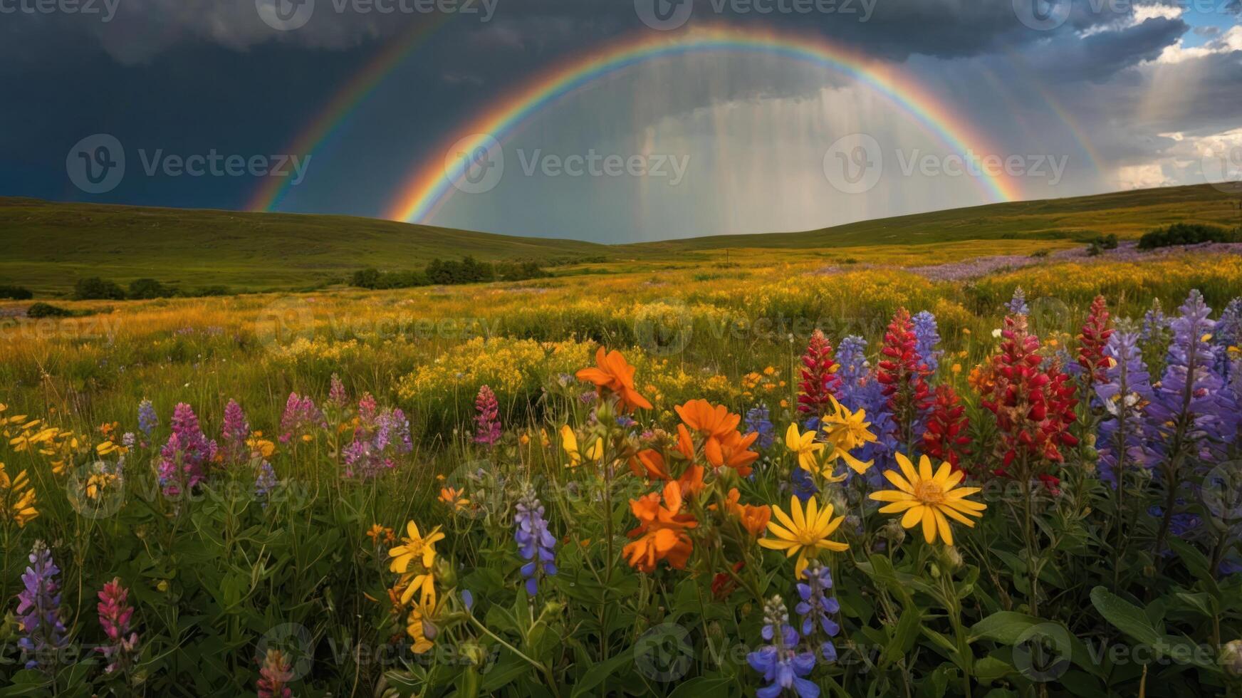 Rainbow Over Meadow with Wildflowers and Stormy Clouds Landscape photo