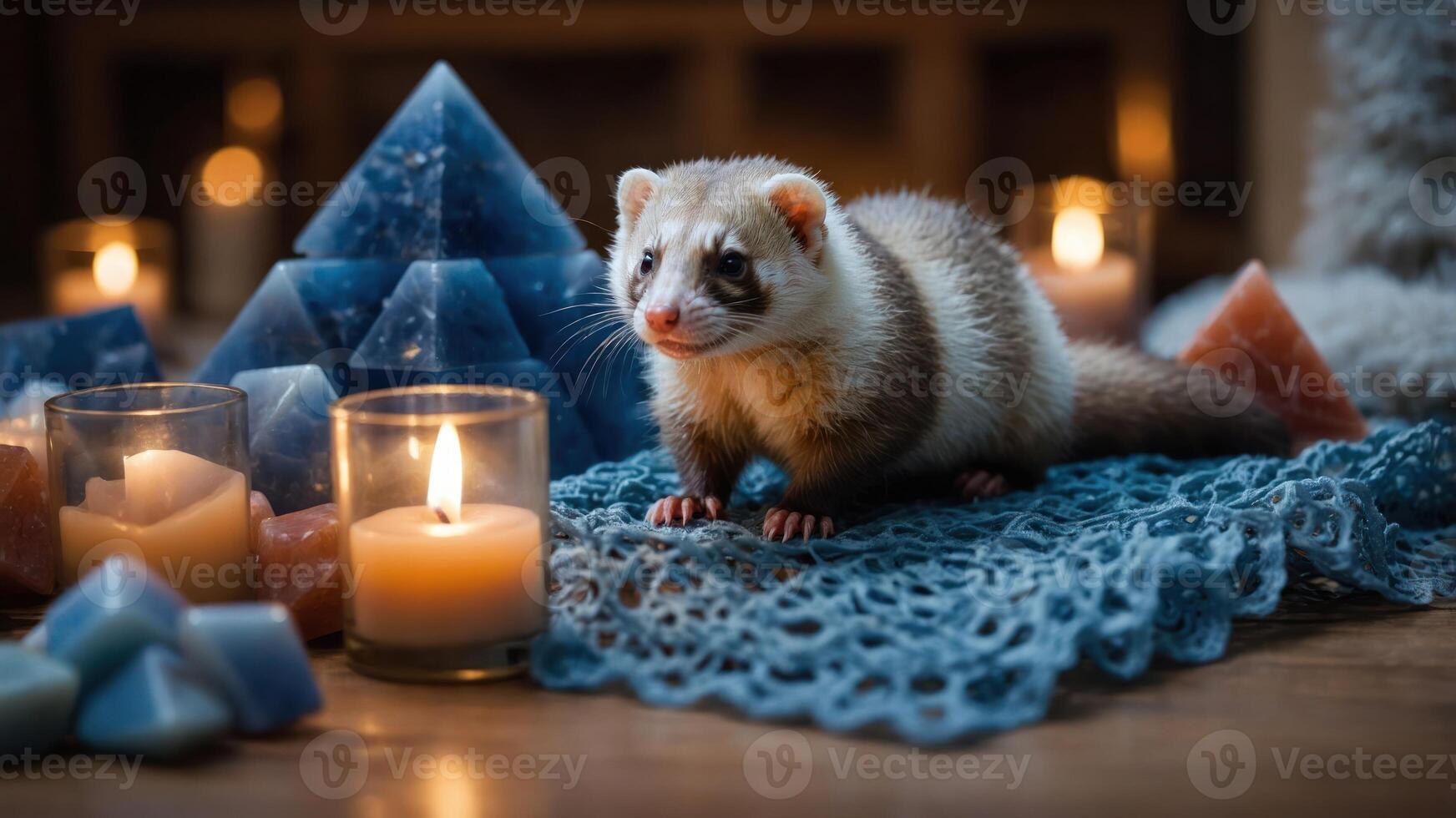 Ferret Resting Near Lit Candles and Crystal Pyramids on Table photo