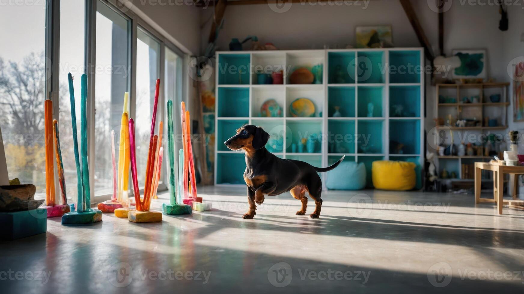 Dog Standing in Sunny Art Studio with Colorful Abstract Sculptures photo