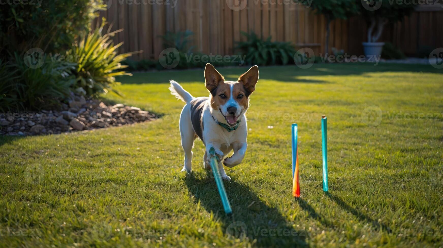 Dog Running in Backyard Agility Training on Lawn with Poles photo