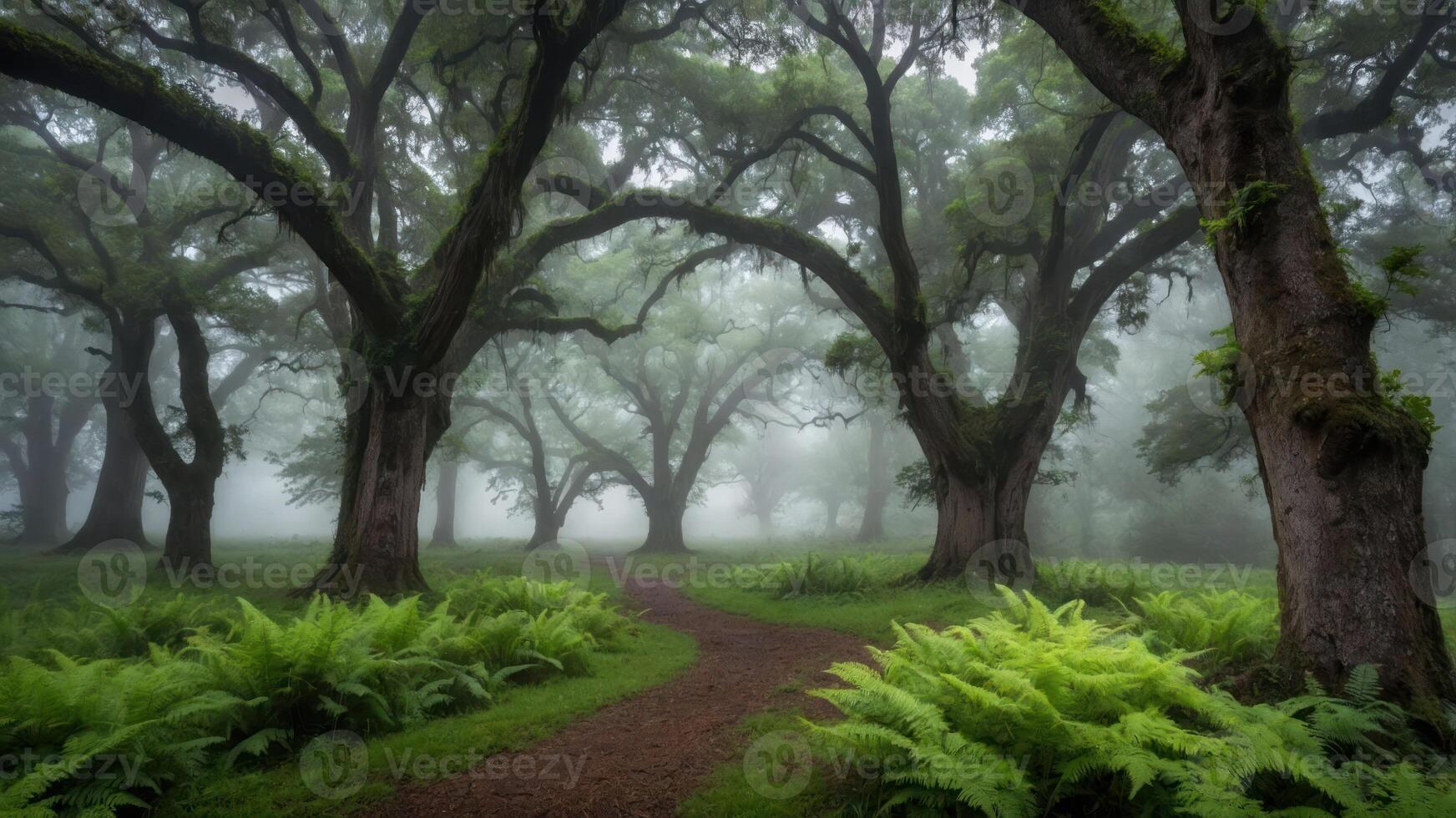 Walking Path Through Forest with Fog and Ferns Along the Way photo