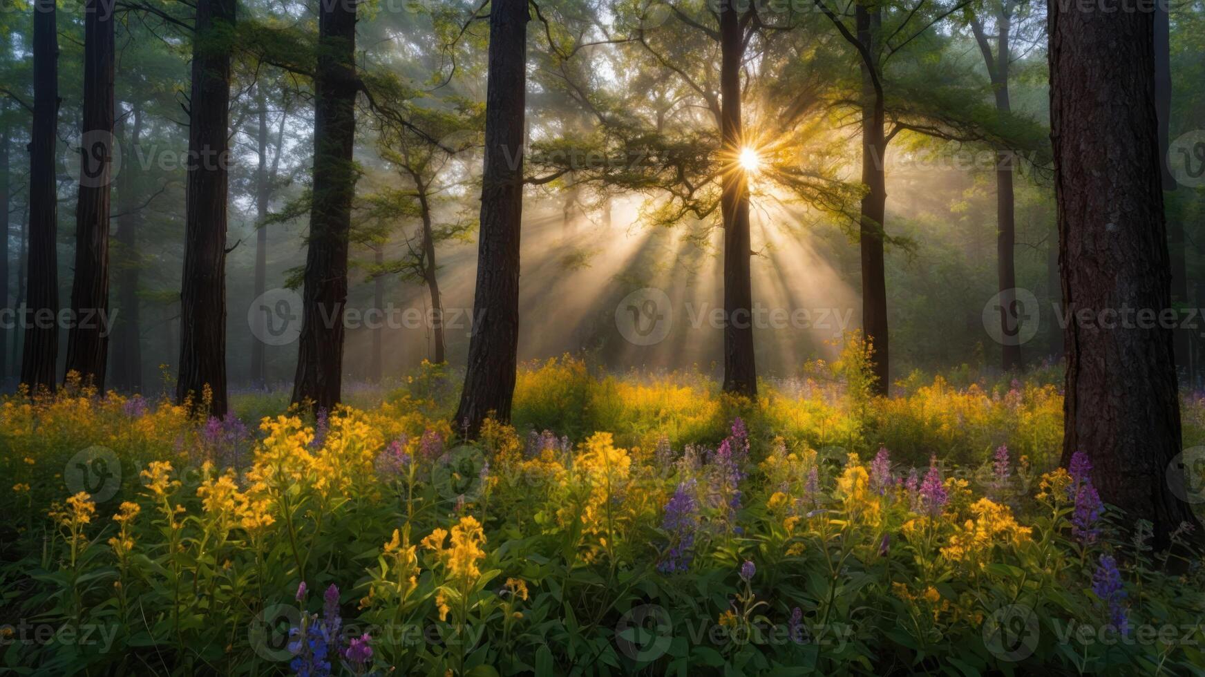 Sunlight Streaming Through Forest Trees Illuminating Wildflowers in Meadow photo