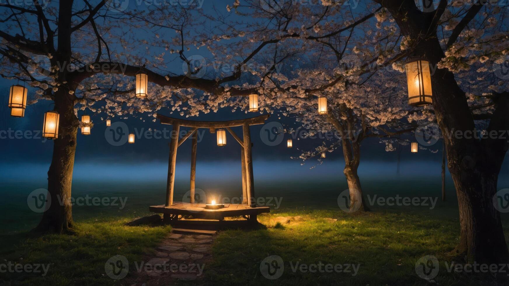 Illuminated Lanterns Hanging From Blossoming Trees in a Tranquil Garden Setting photo
