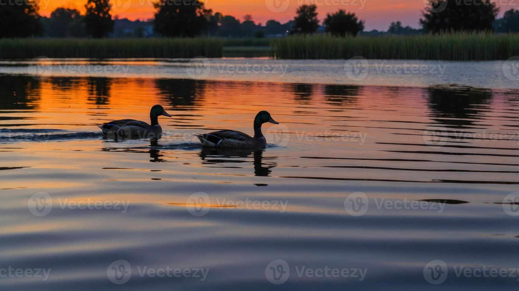Two Ducks Swimming in Calm Lake During Colorful Sunset Scene photo