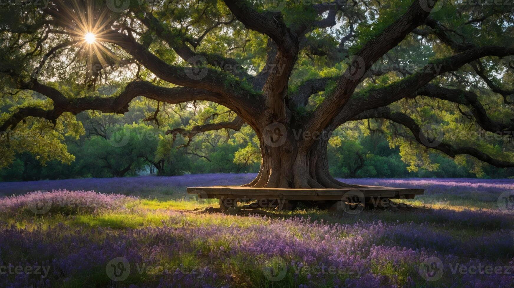 Large Tree and Wooden Bench in Flower Field at Sunset photo