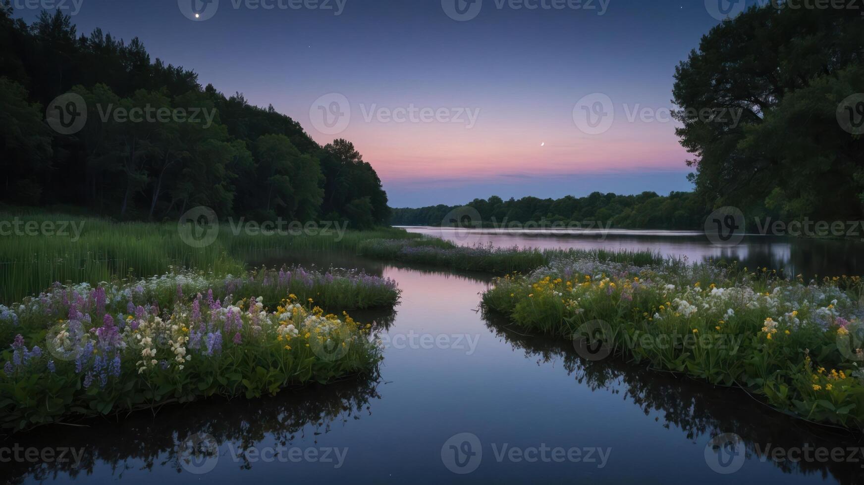 Tranquil River Flowing Through Meadow with Wildflowers at Dusk photo
