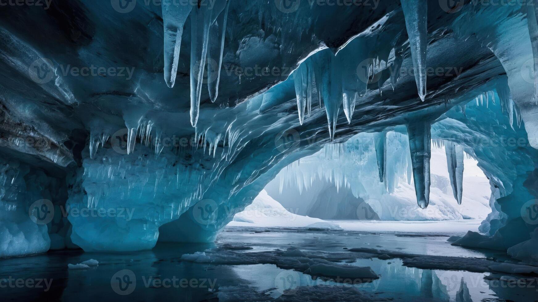 Exploring an Ice Cave Interior with Frozen Icicles and Water Reflections photo