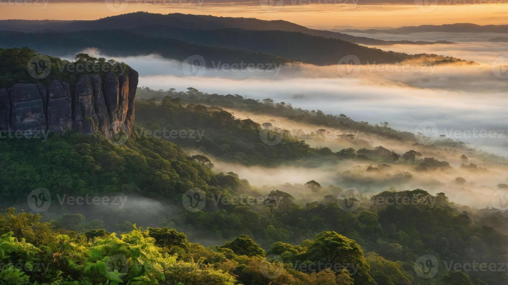 Fog Rolling Over Lush Green Valley with Cliffside at Sunrise photo