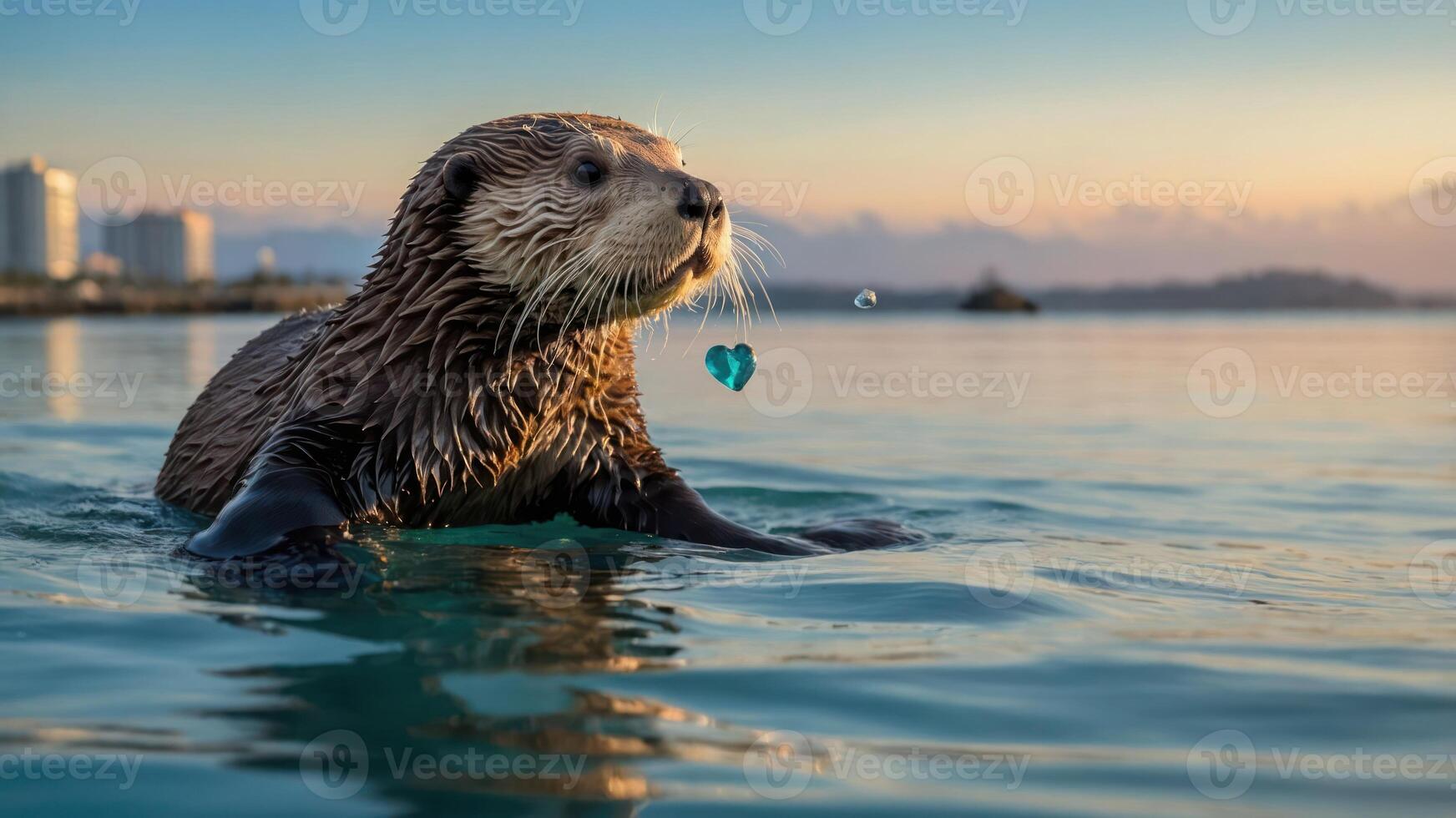 Otter Swimming in Ocean Water at Sunset with Heart Shaped Trinket photo