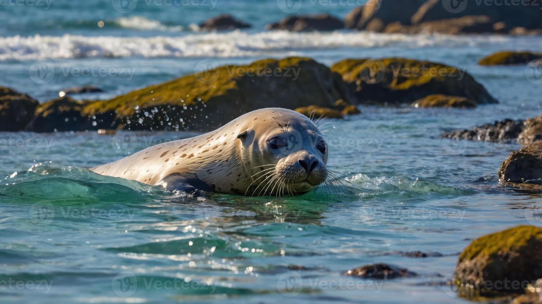 Seal Swimming in Clear Ocean Water Near Rocky Shoreline on Sunny Day photo