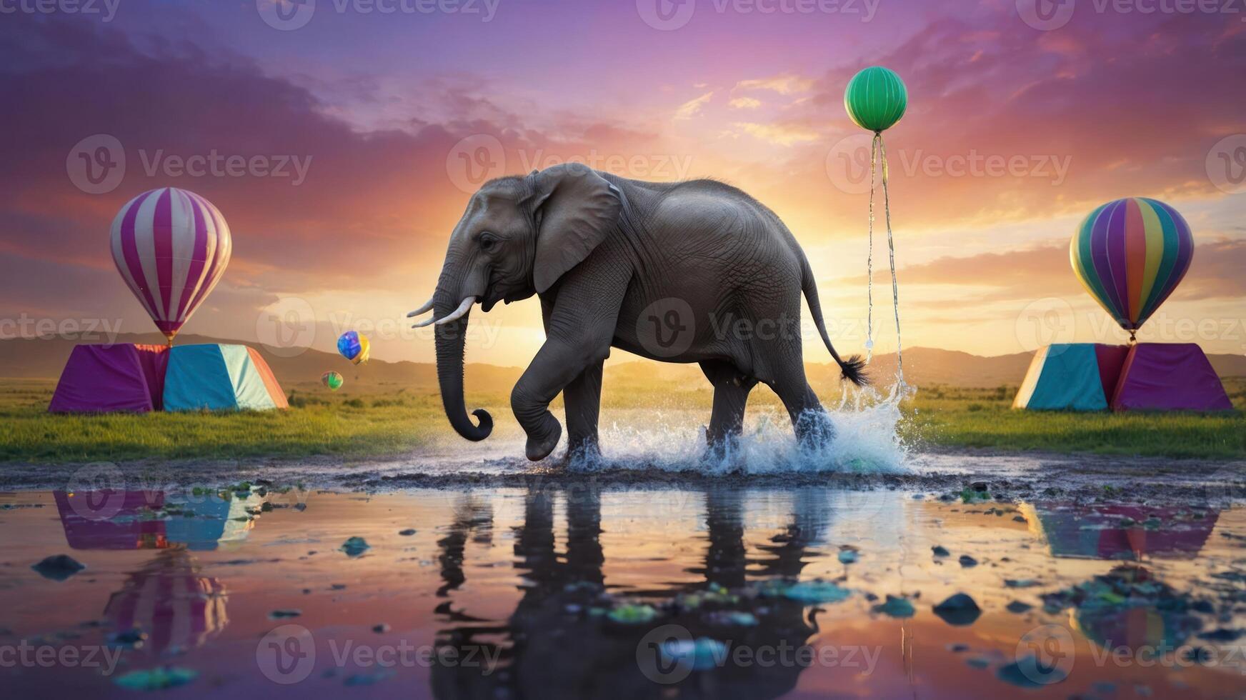 Elephant Walking Through Water with Balloons and Tents at Sunset photo